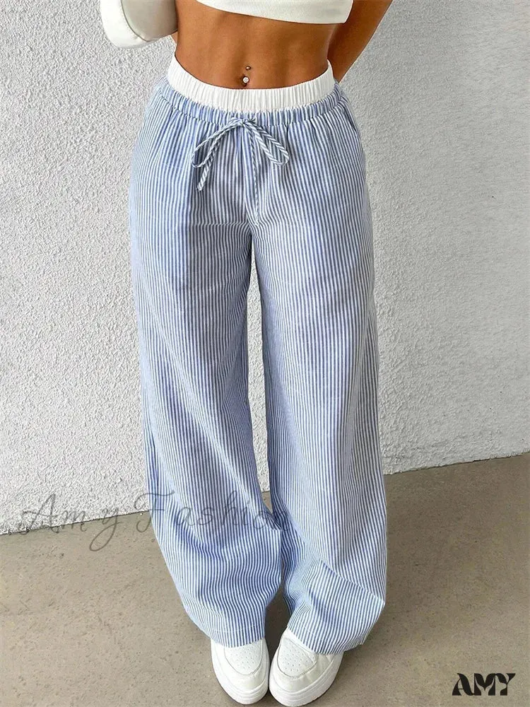 Casual Striped Woven Wide Fall Winter Stylish Full Length Y2K Trouser