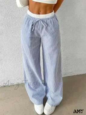 Casual Striped Woven Wide Fall Winter Stylish Full Length Y2K Trouser