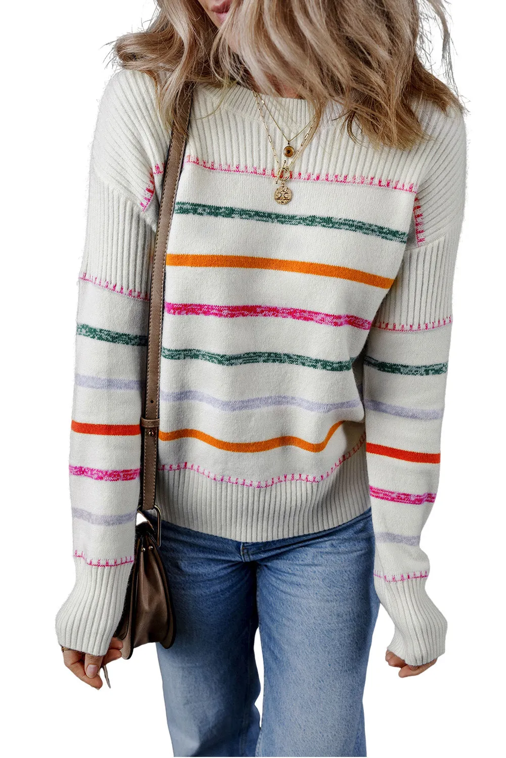 Colorful Striped Ribbed Trim Sweater