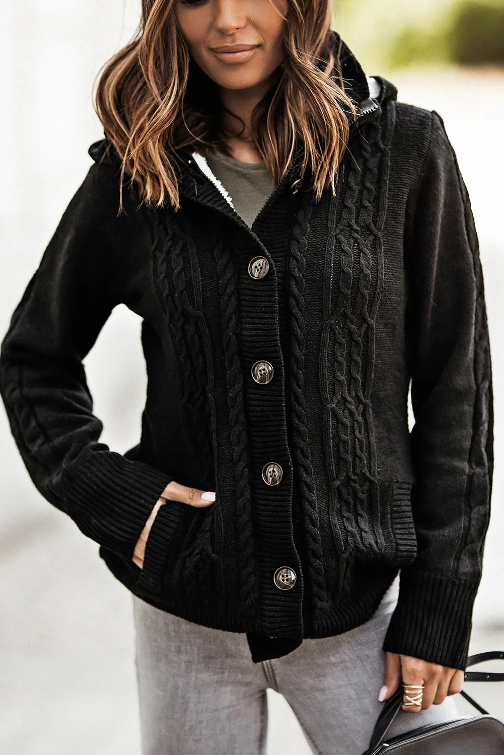 Dark Gray Long Sleeve Button-up Hooded Cardigans