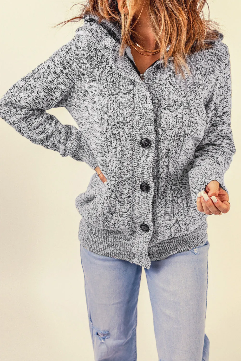 Dark Gray Long Sleeve Button-up Hooded Cardigans