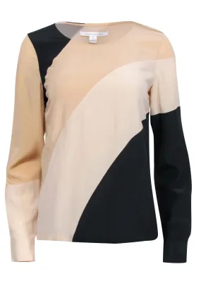 Diane von Furstenberg - Beige, Cream, & Black Striped Silk Long Sleeve Blouse Sz 4