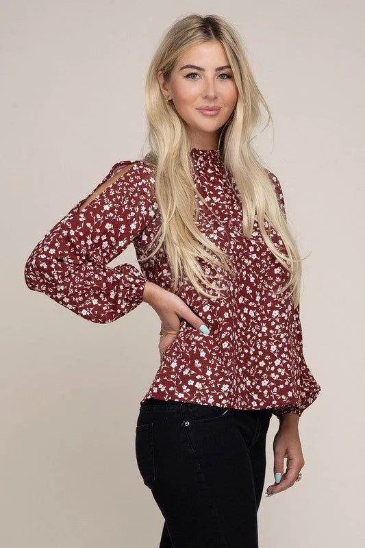 Ditsy Floral Print Split Sleeve Blouse in Red