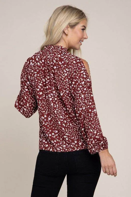 Ditsy Floral Print Split Sleeve Blouse in Red