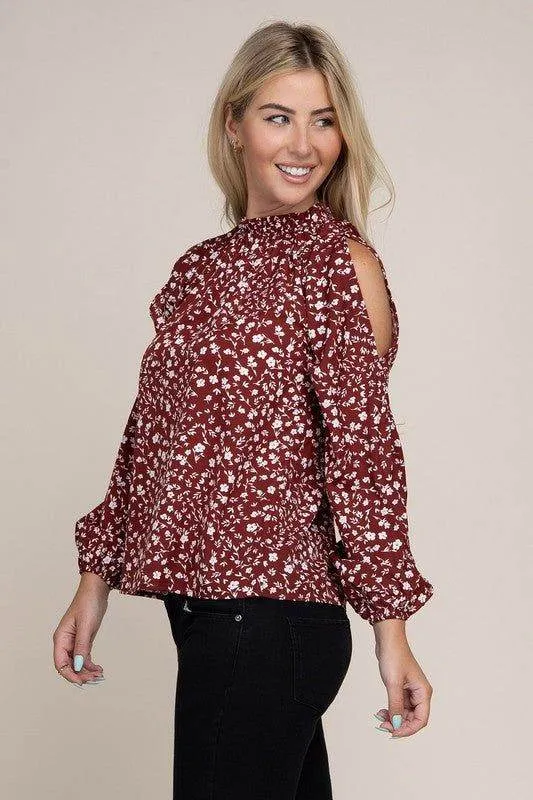 Ditsy Floral Print Split Sleeve Blouse in Red