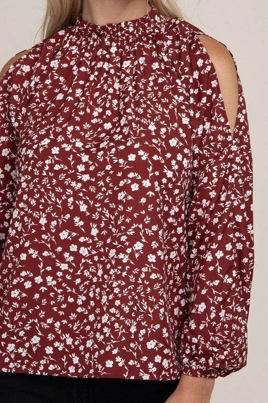 Ditsy Floral Print Split Sleeve Blouse in Red