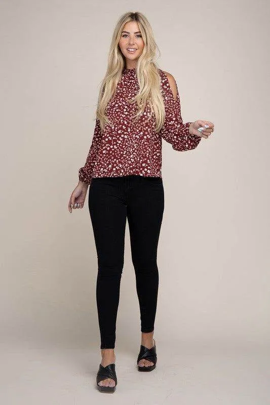 Ditsy Floral Print Split Sleeve Blouse in Red