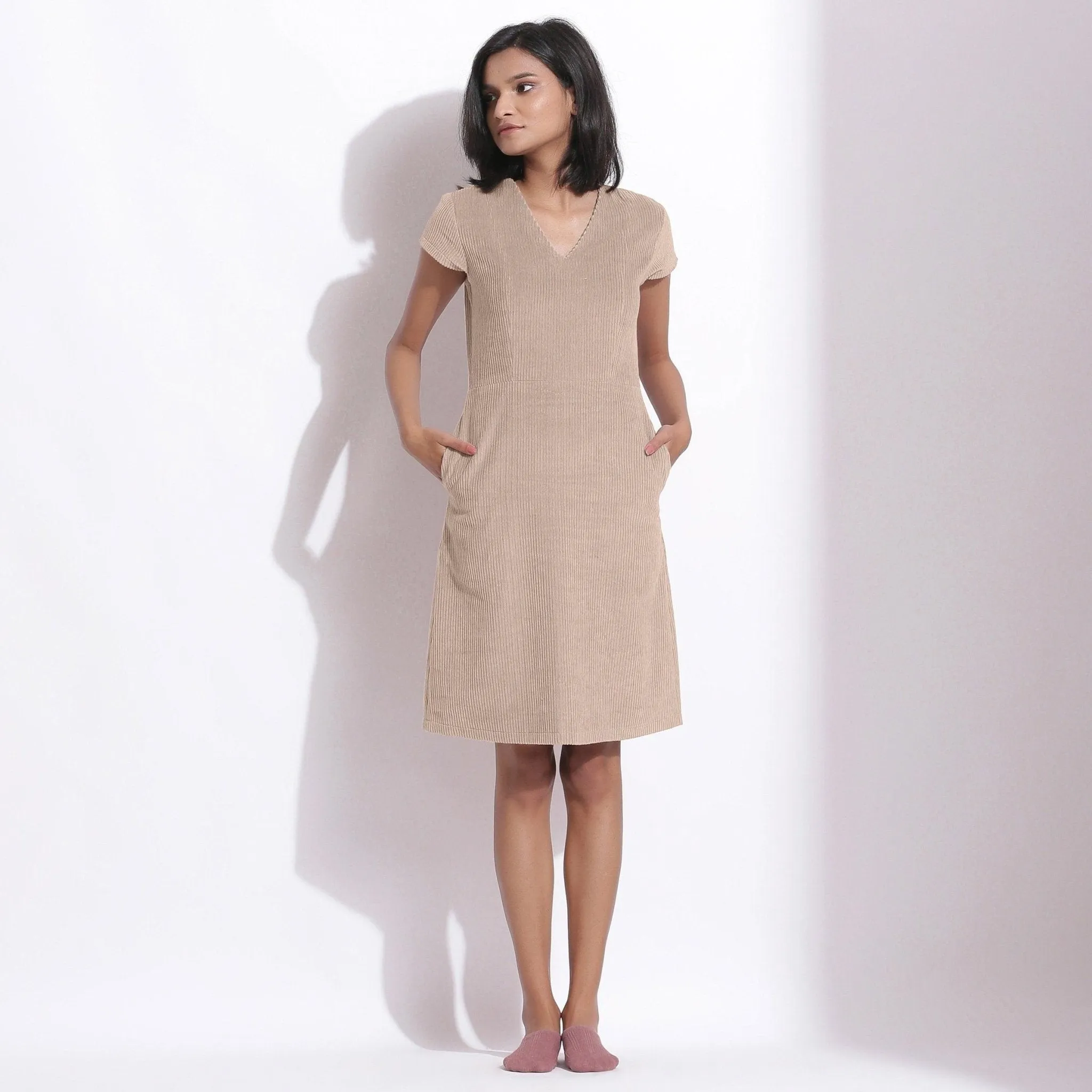 Dusk Beige Warm Cotton Corduroy Knee Length Shift Dress