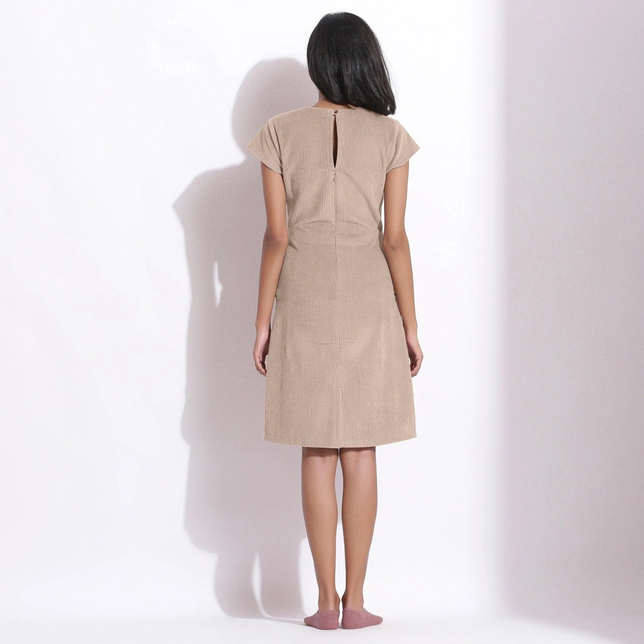 Dusk Beige Warm Cotton Corduroy Knee Length Shift Dress