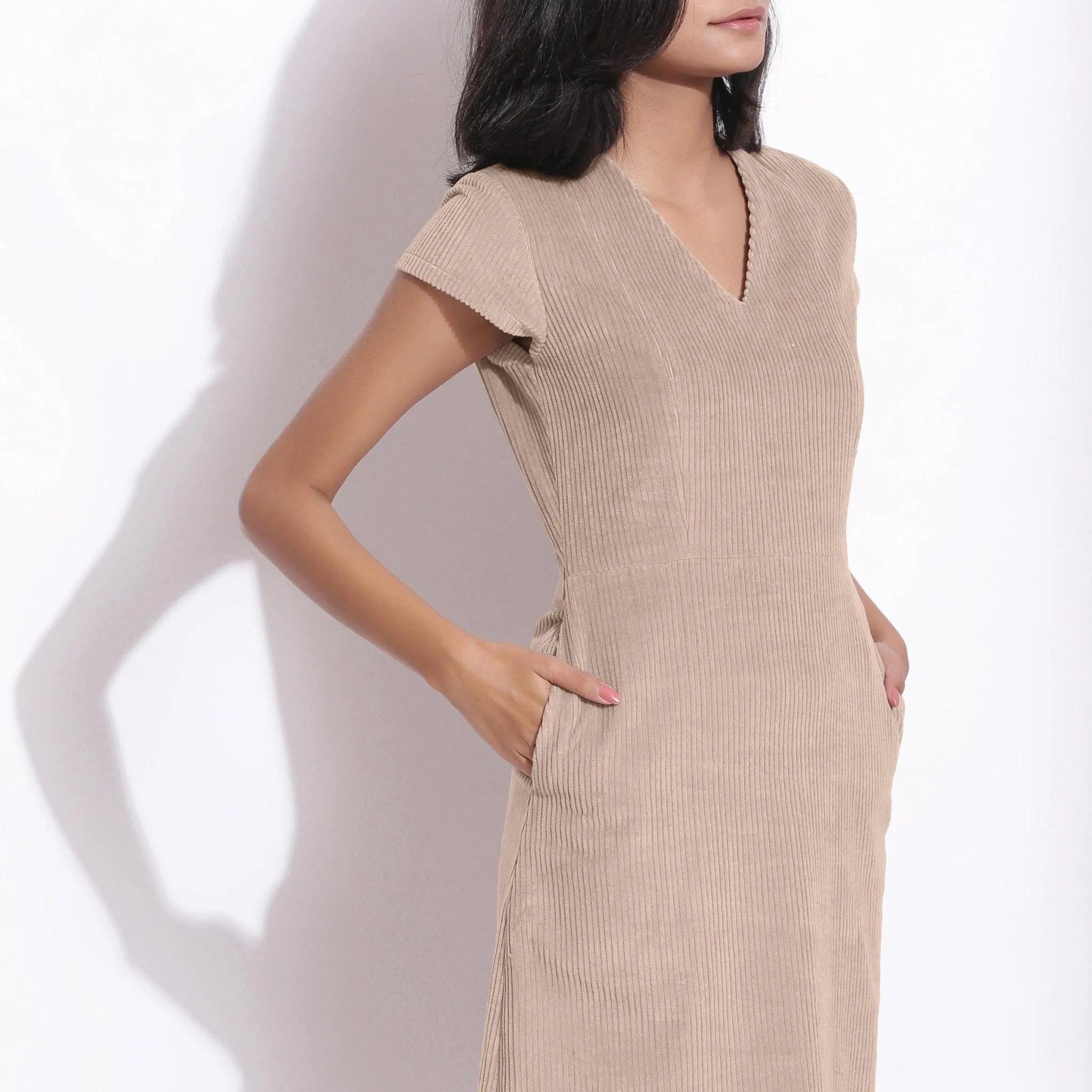 Dusk Beige Warm Cotton Corduroy Knee Length Shift Dress