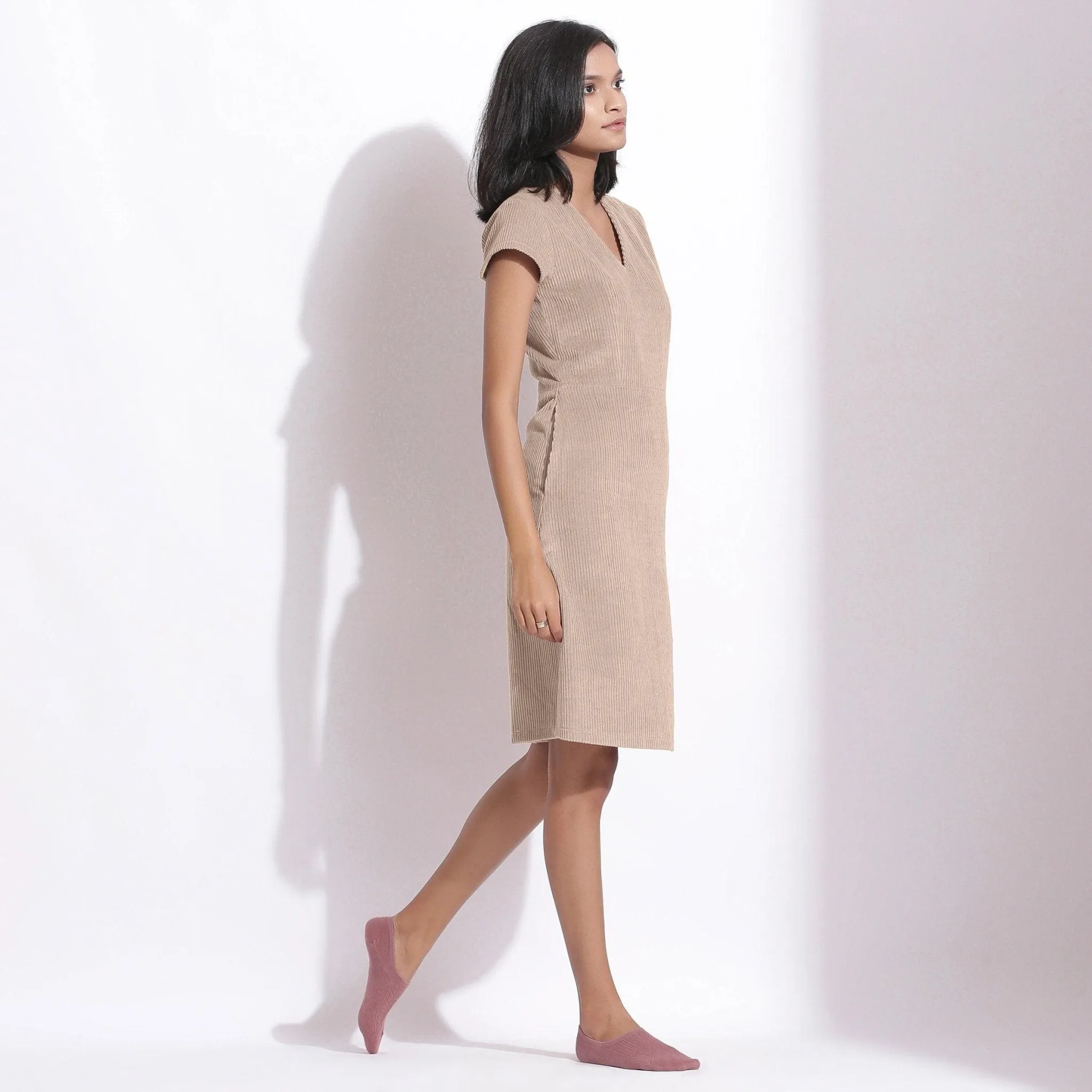 Dusk Beige Warm Cotton Corduroy Knee Length Shift Dress