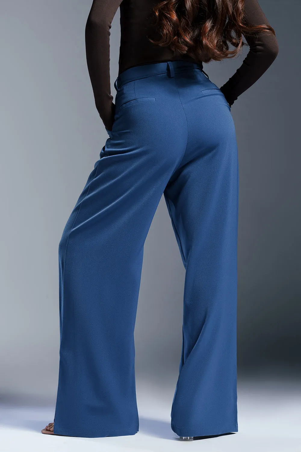 Dynamic Blue Pleated Waist Tie Korean Pants