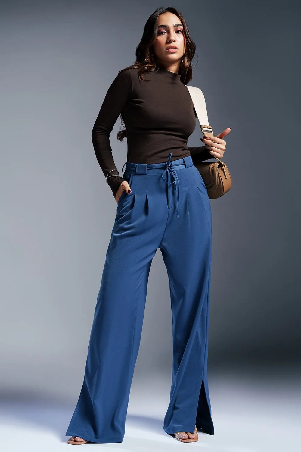 Dynamic Blue Pleated Waist Tie Korean Pants