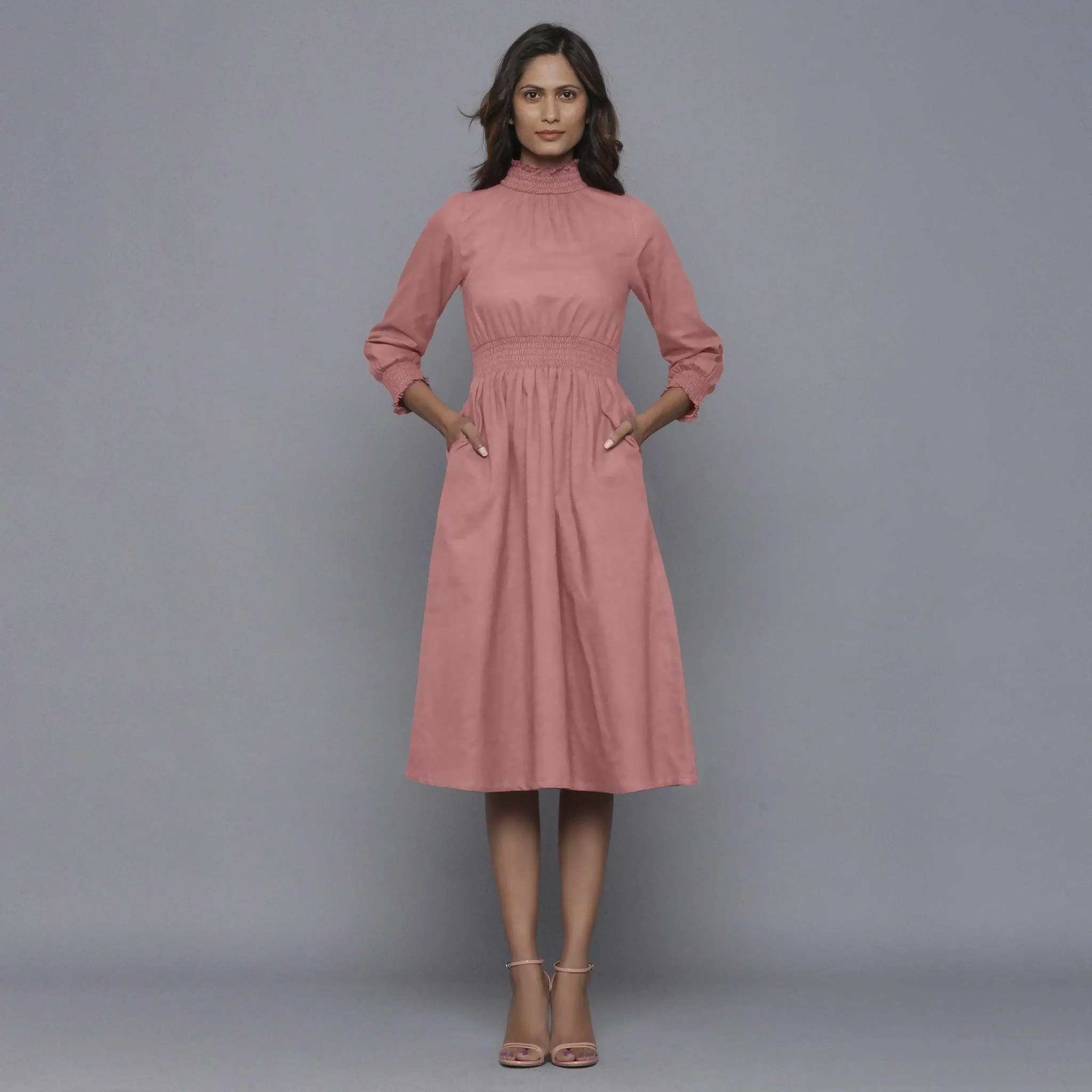 English Rose Warm Cotton Flannel High Neck Midi Dress