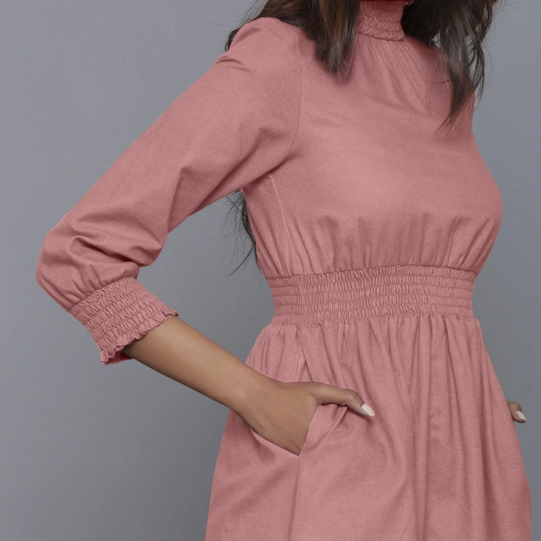 English Rose Warm Cotton Flannel High Neck Midi Dress