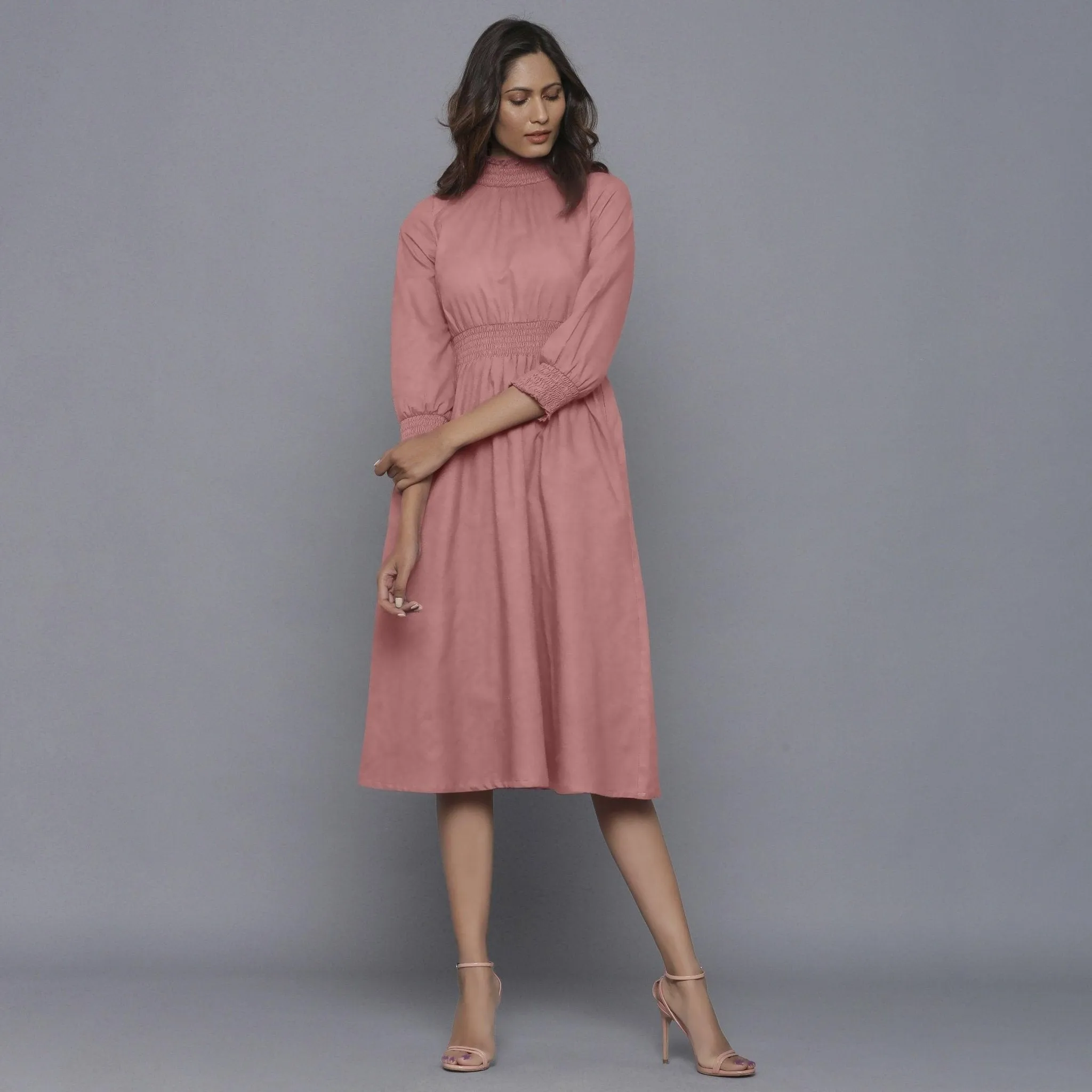 English Rose Warm Cotton Flannel High Neck Midi Dress