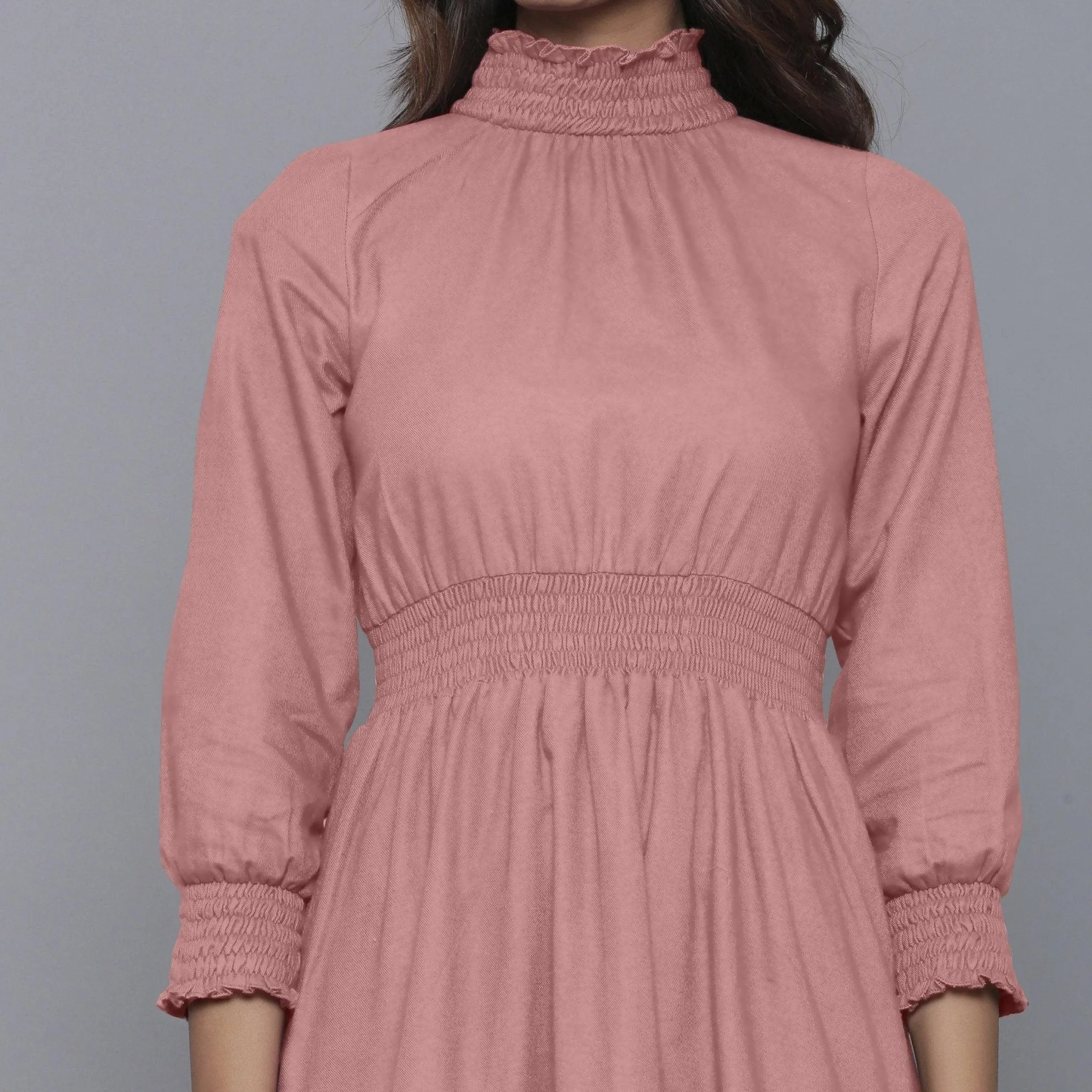 English Rose Warm Cotton Flannel High Neck Midi Dress