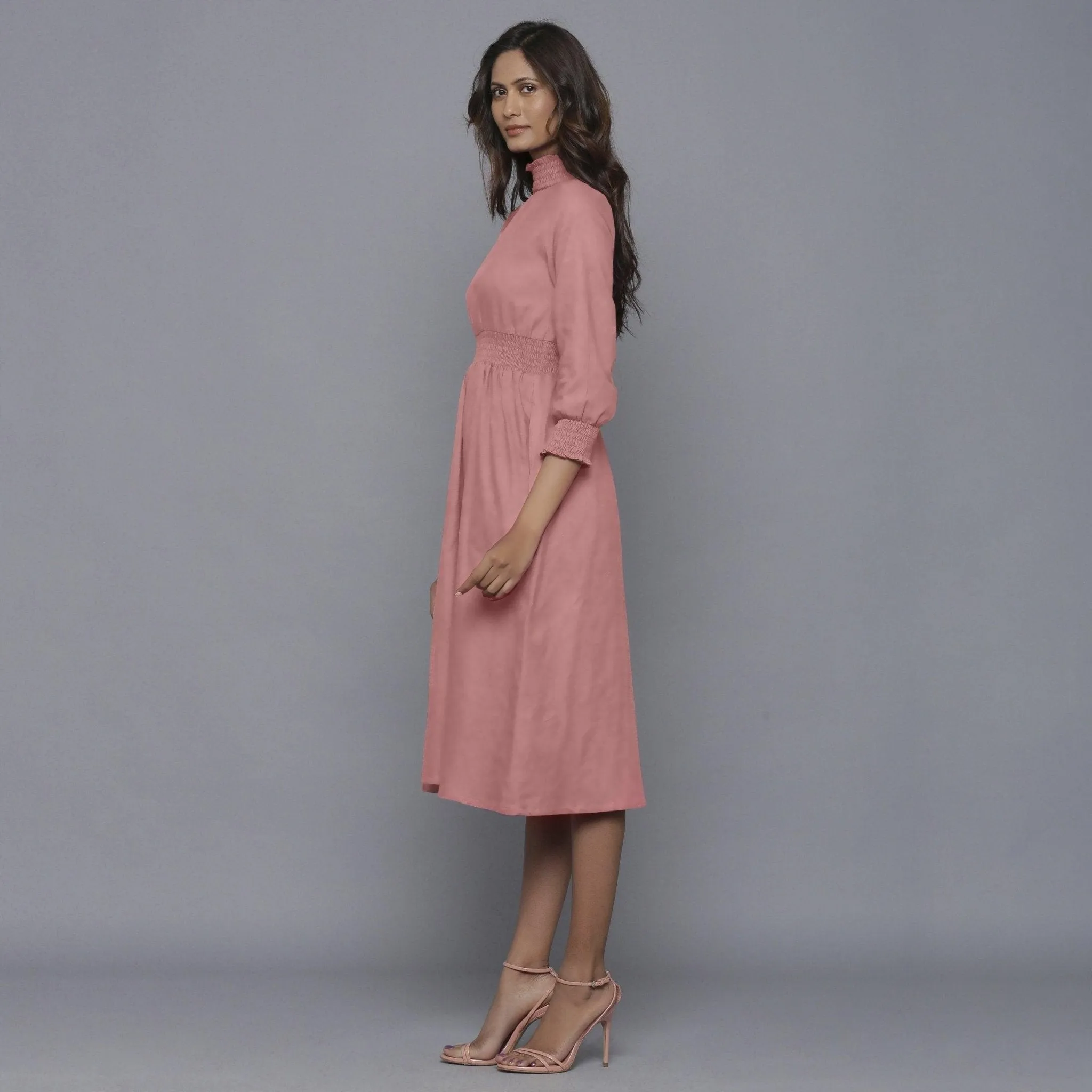 English Rose Warm Cotton Flannel High Neck Midi Dress