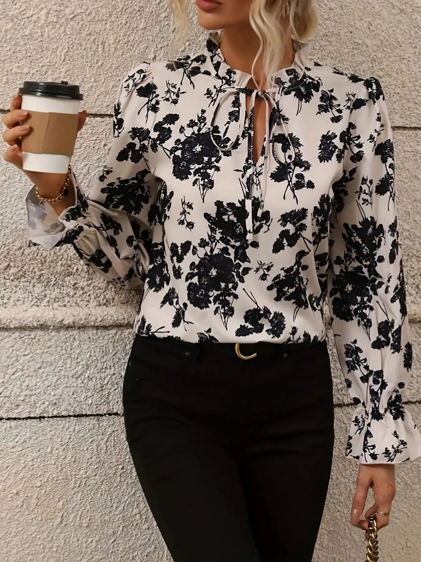 Fall Black & White Floral Tie-Neck Blouse