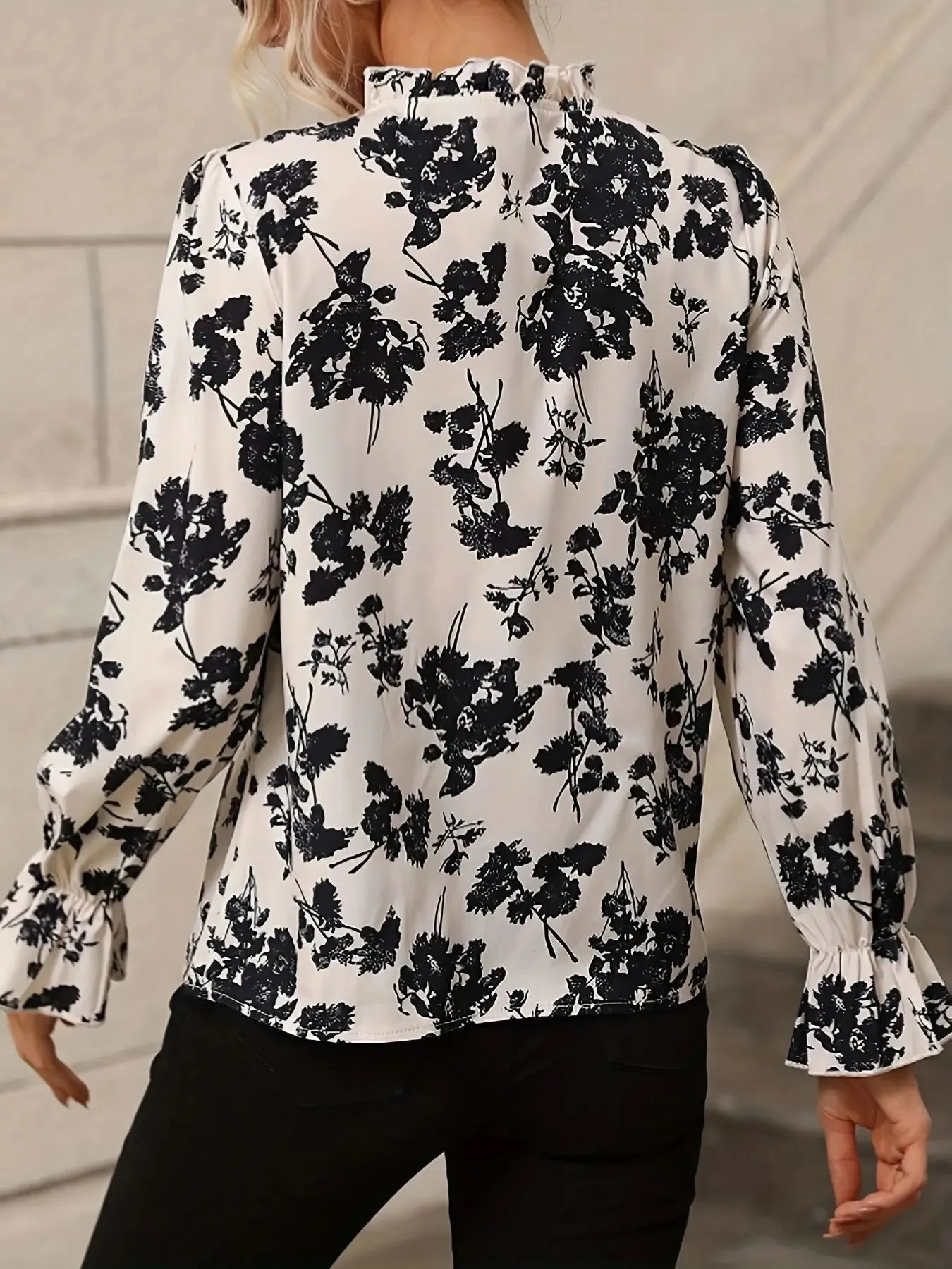 Fall Black & White Floral Tie-Neck Blouse