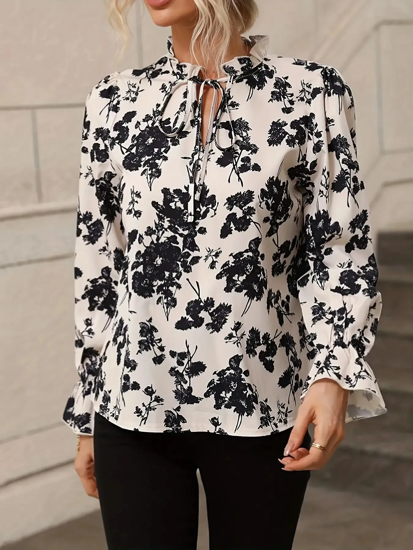 Fall Black & White Floral Tie-Neck Blouse