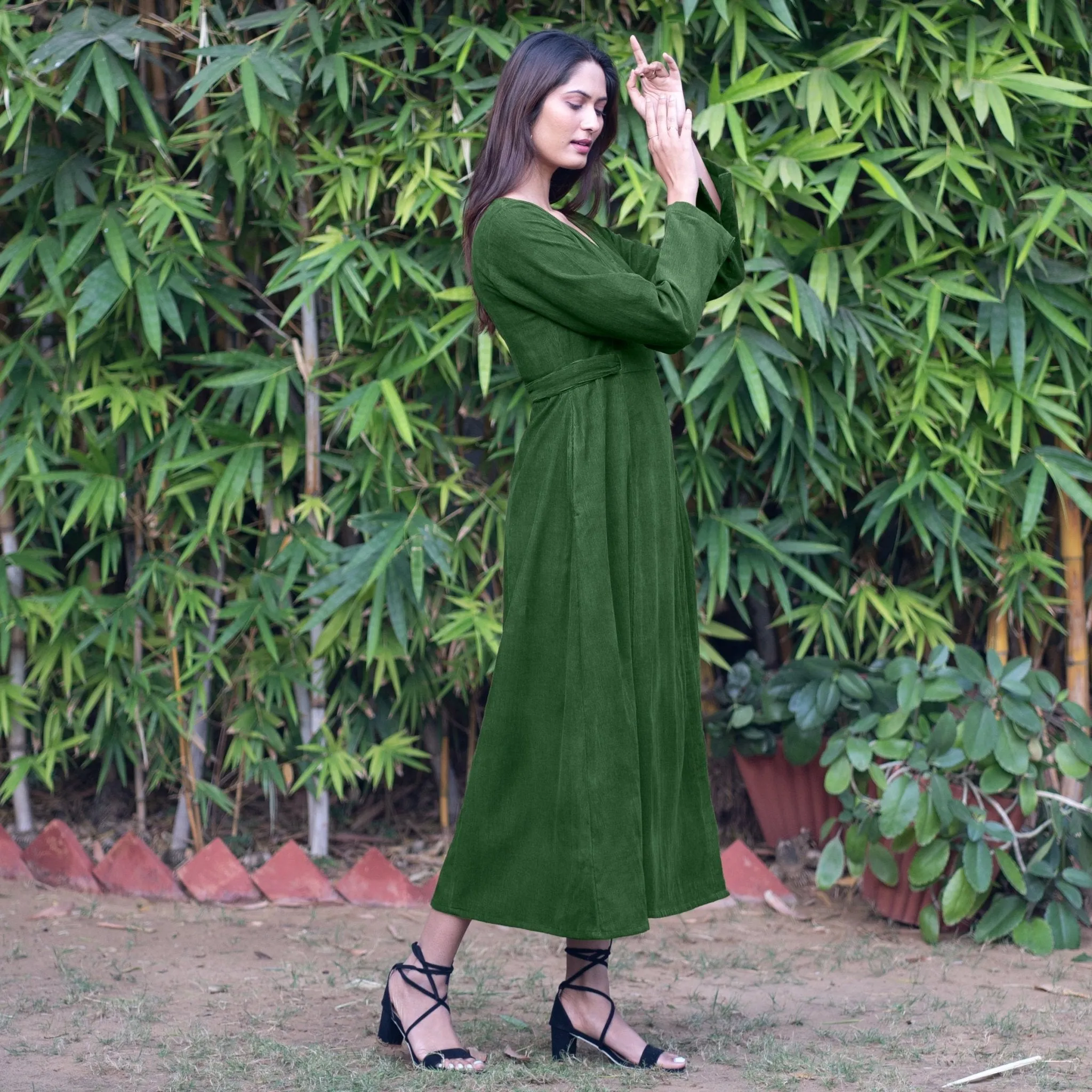 Forest Green Warm Cotton Corduroy Deep Neck Midi Wrap Dress