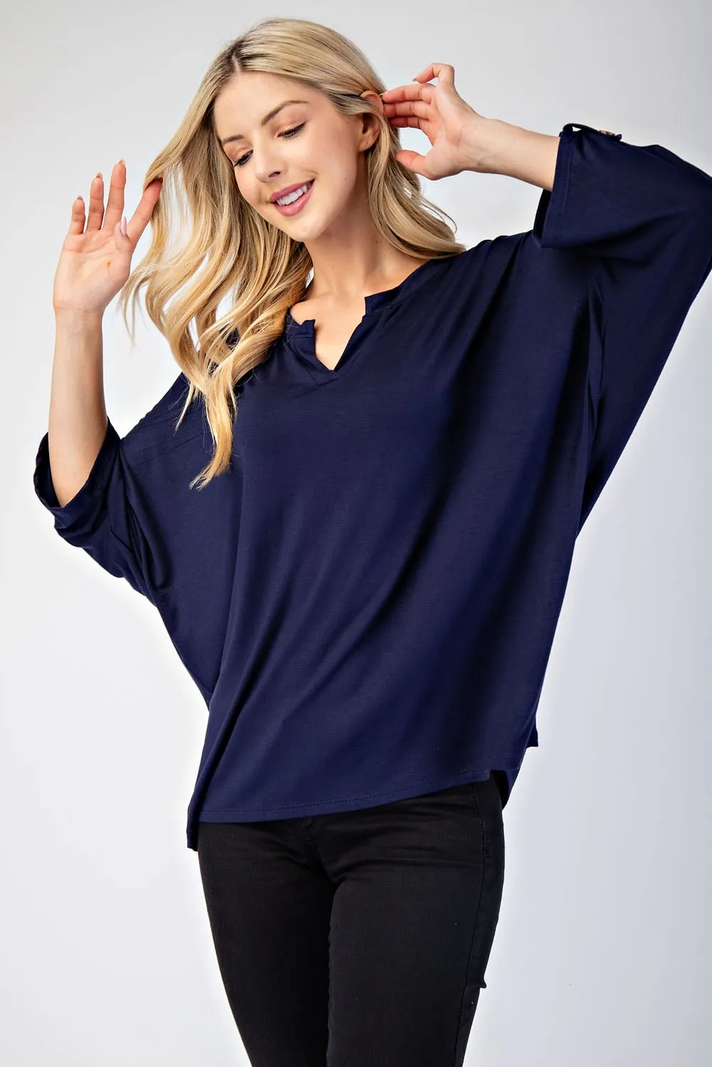 Full Size Notched Three-Quarter Sleeve Blouse