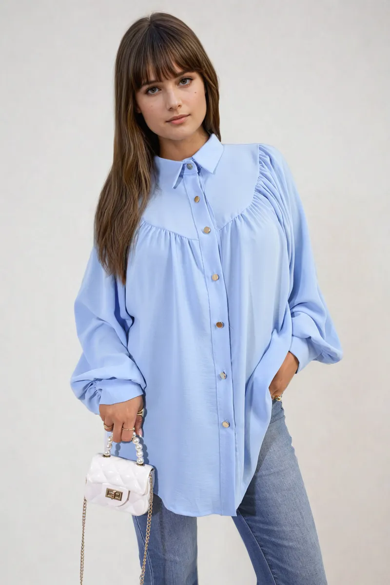 High Neckline Button Front Balloon Sleeve Top