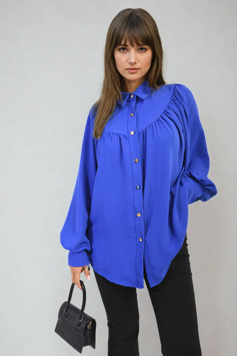 High Neckline Button Front Balloon Sleeve Top