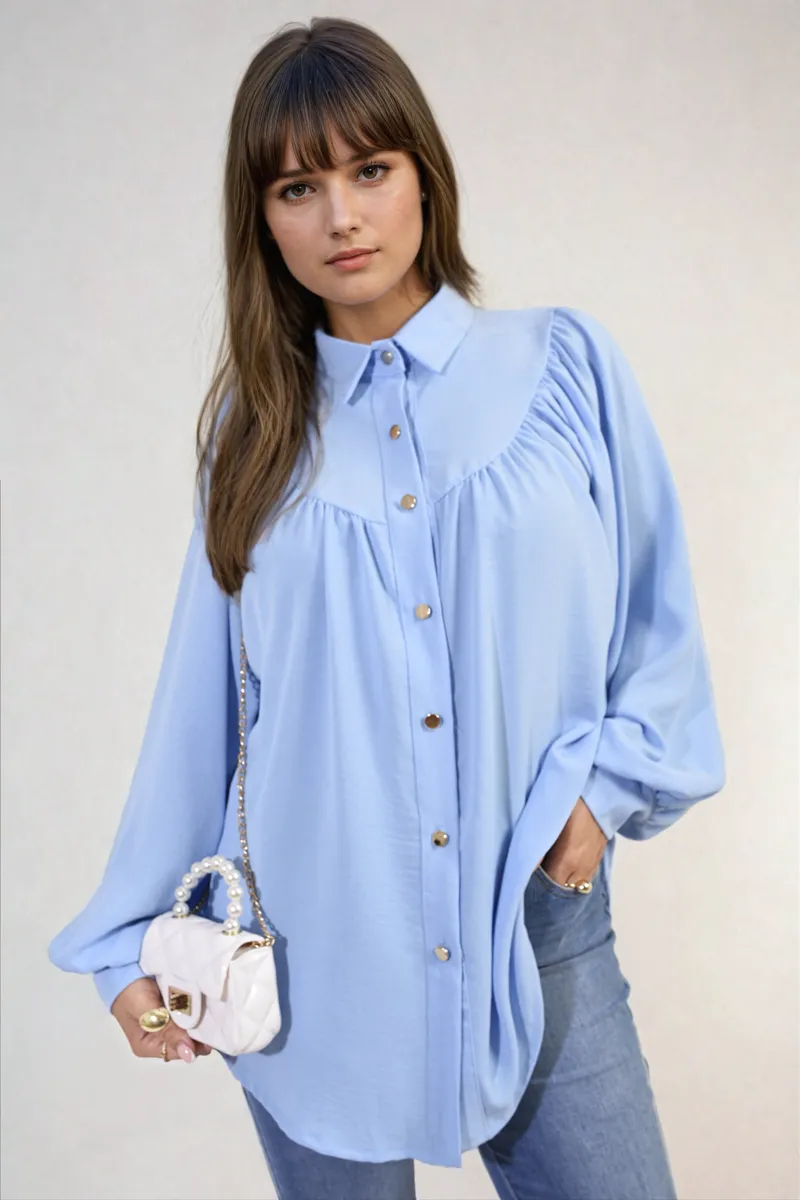 High Neckline Button Front Balloon Sleeve Top