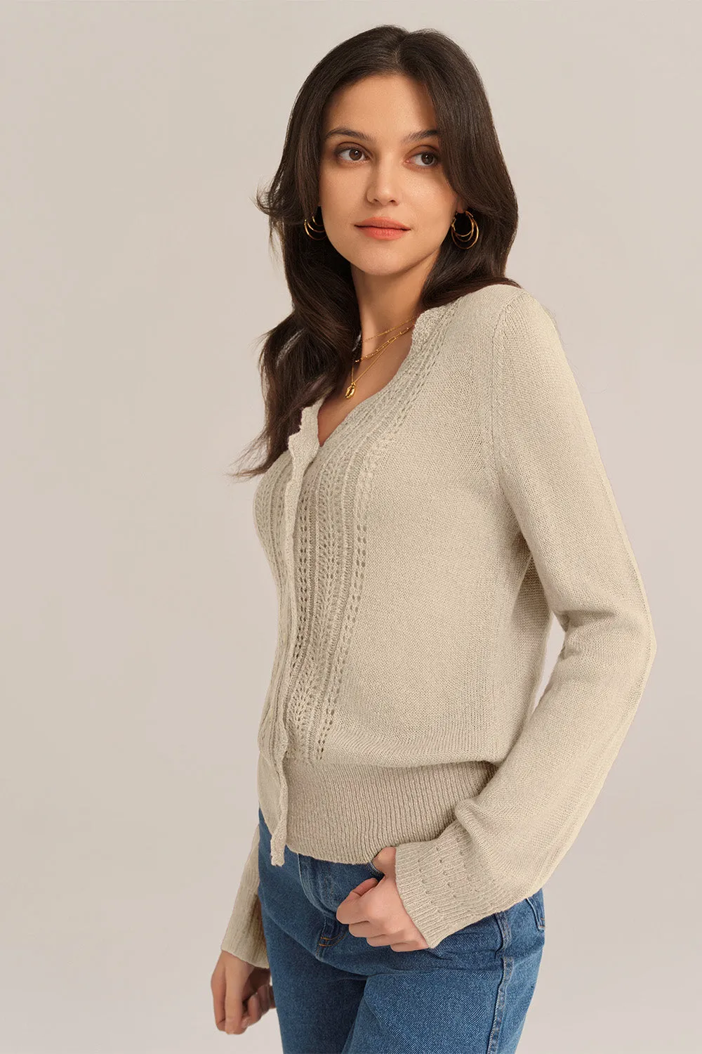 Hollowed-out Long Sleeve V-Neck Wide Ribbed Hem knitted Cardigan - Apricot