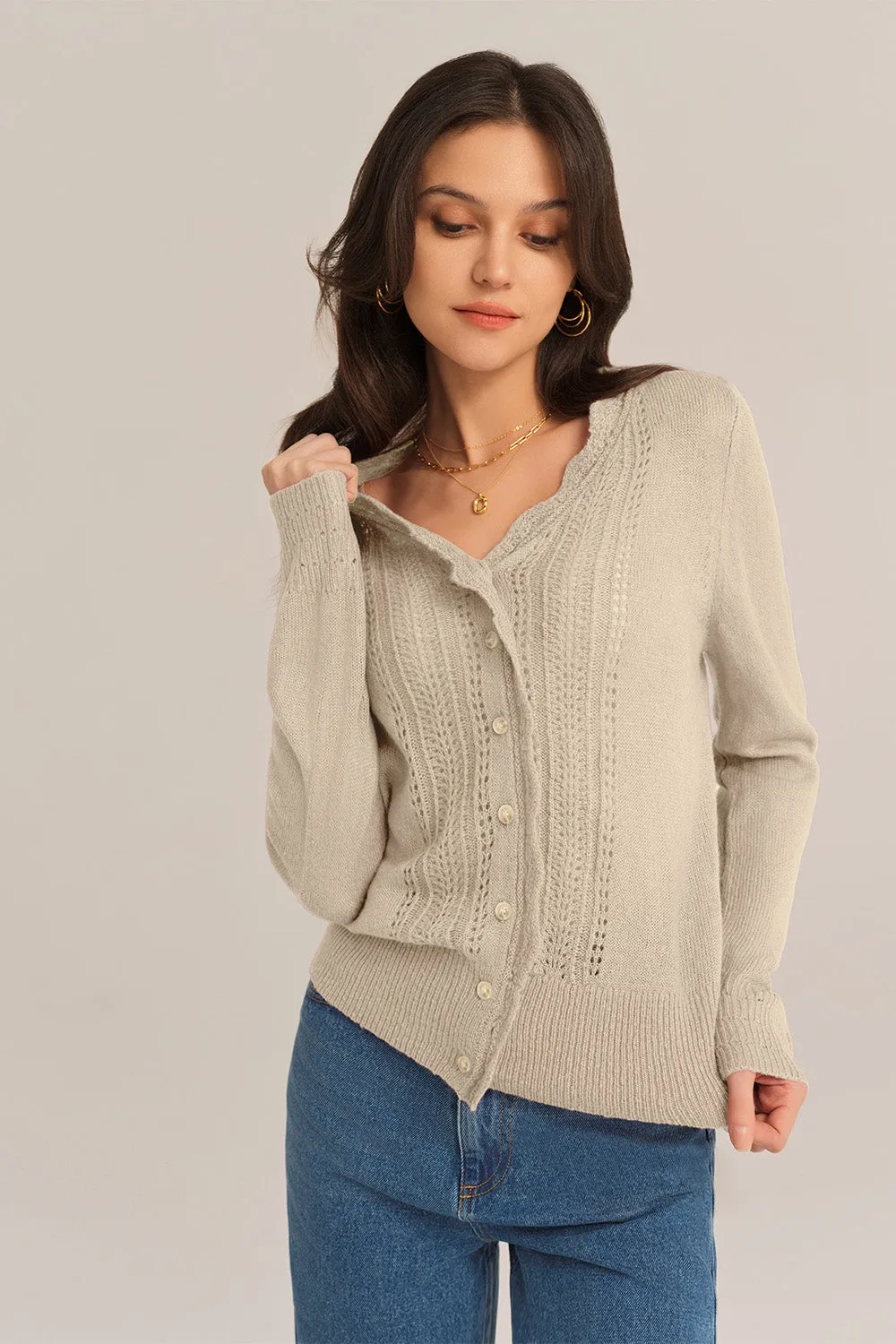 Hollowed-out Long Sleeve V-Neck Wide Ribbed Hem knitted Cardigan - Apricot