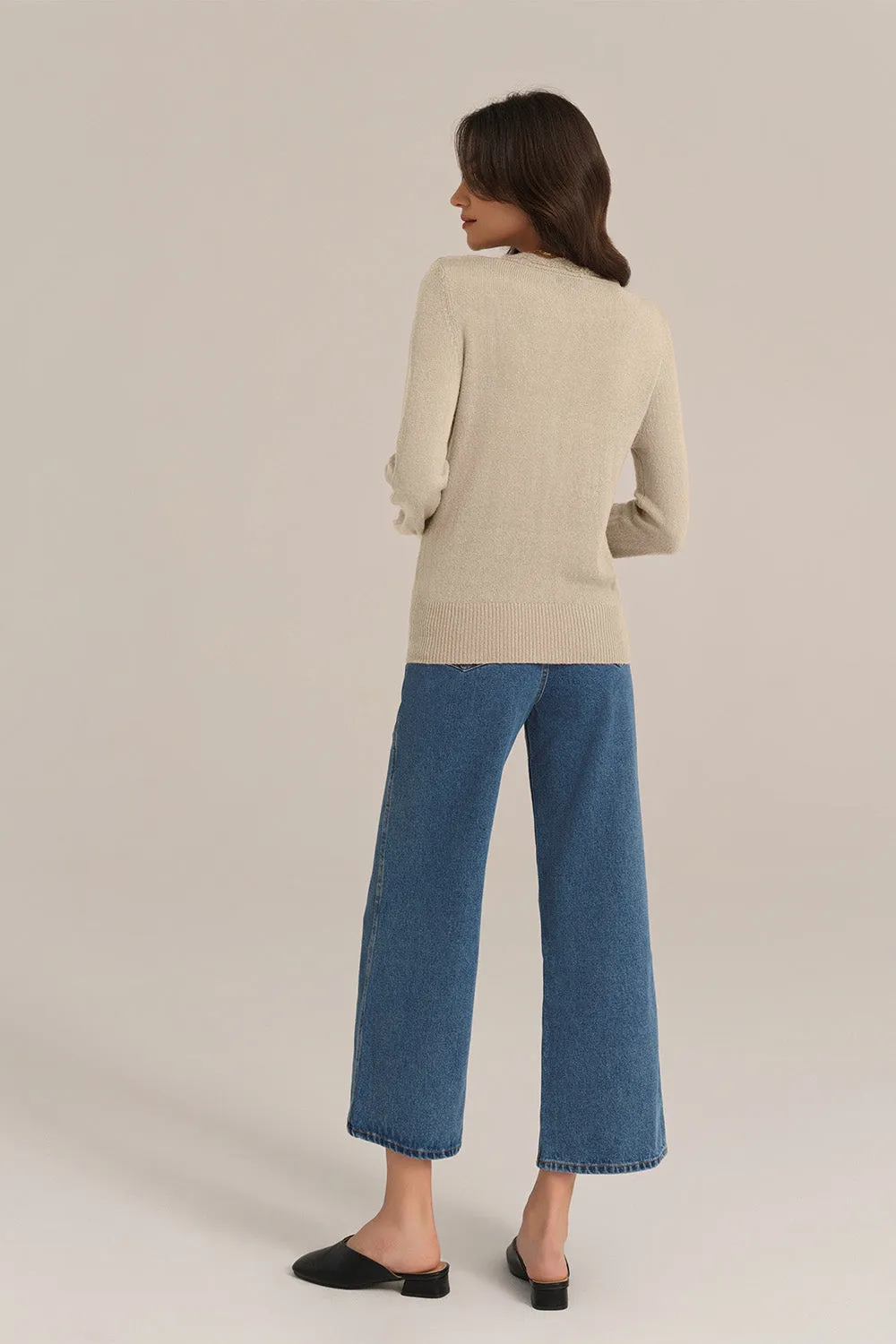 Hollowed-out Long Sleeve V-Neck Wide Ribbed Hem knitted Cardigan - Apricot