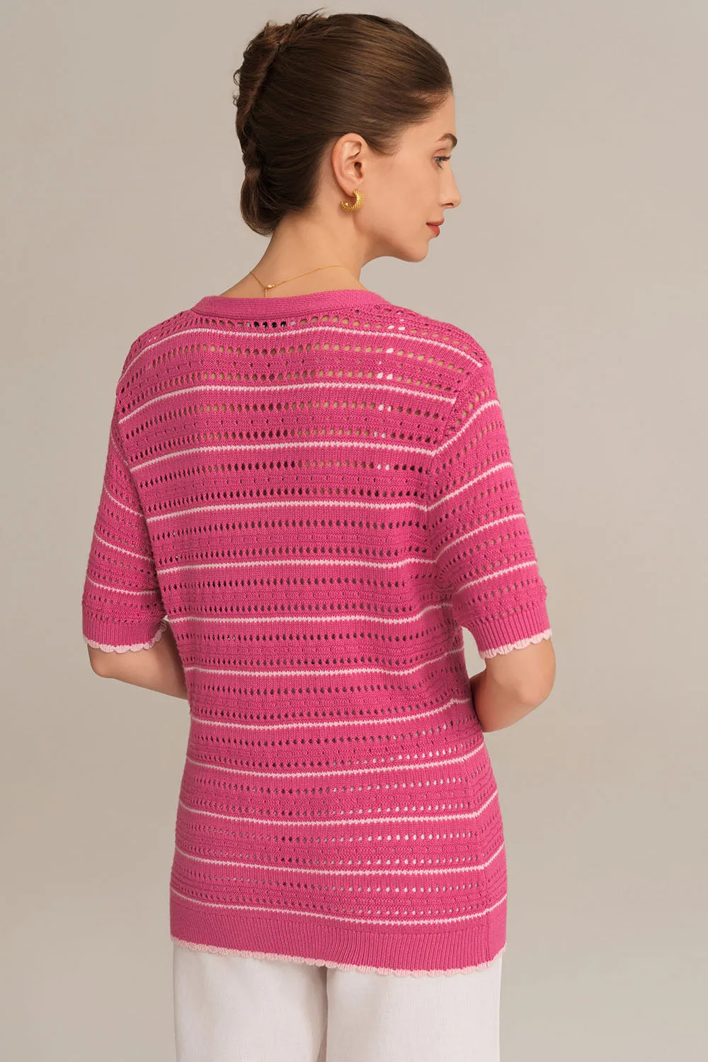 Hollowed-out Short Sleeve V-Neck Stripped Knitted Cardigan - Pink