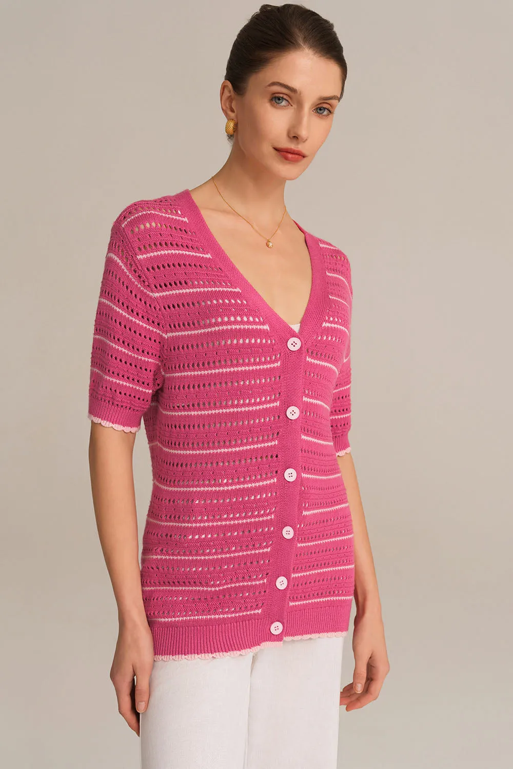 Hollowed-out Short Sleeve V-Neck Stripped Knitted Cardigan - Pink