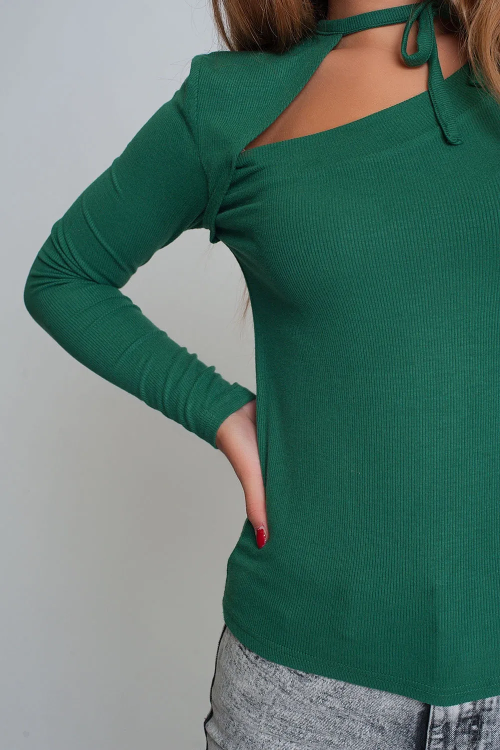 Hot Girl Envy Asymmetric Tied Neck Sweater in Green