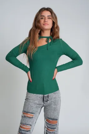 Hot Girl Envy Asymmetric Tied Neck Sweater in Green