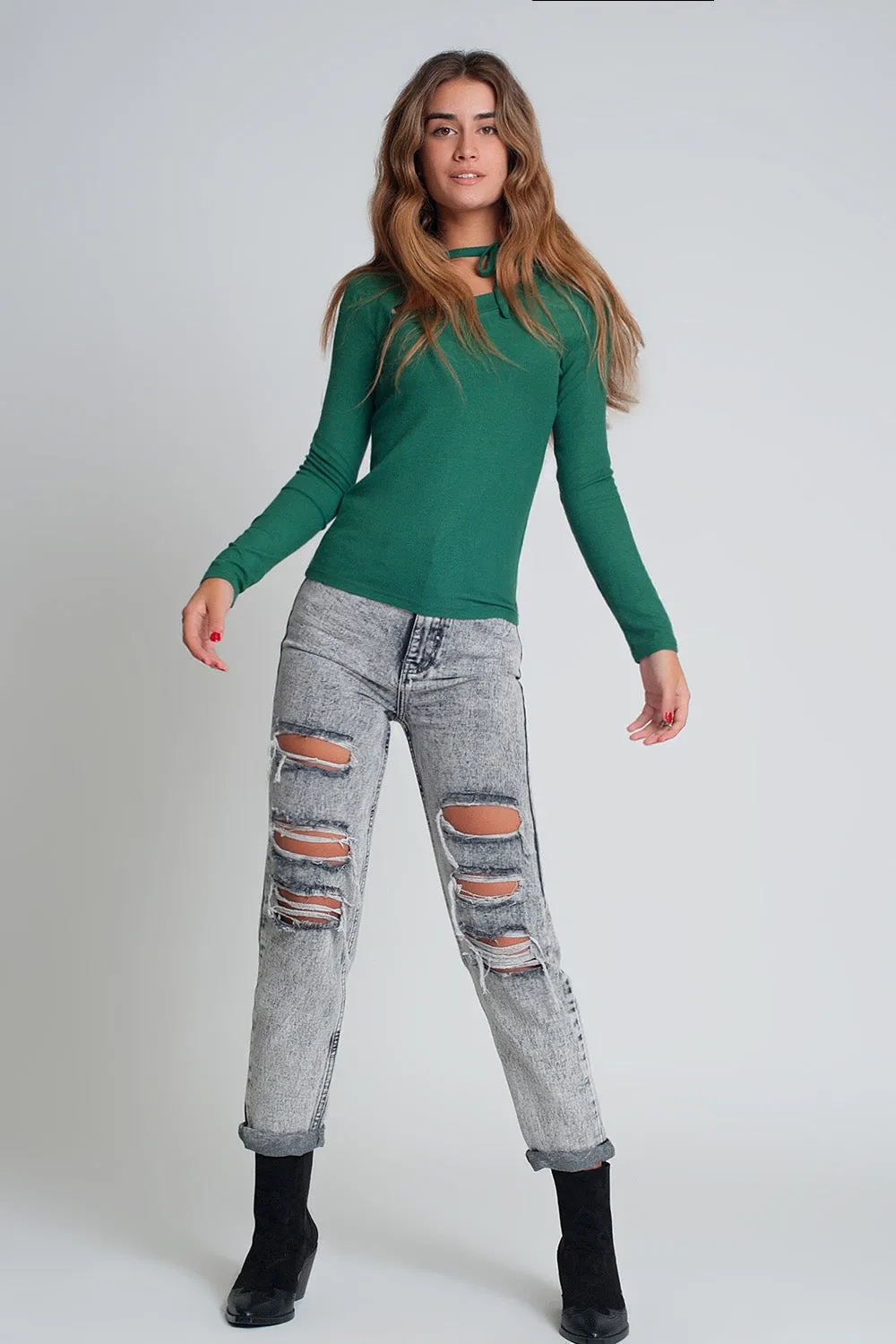 Hot Girl Envy Asymmetric Tied Neck Sweater in Green