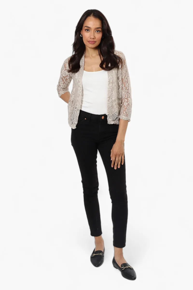 Impress Floral Lace 3/4 Sleeve Wrap Cardigan - Stone