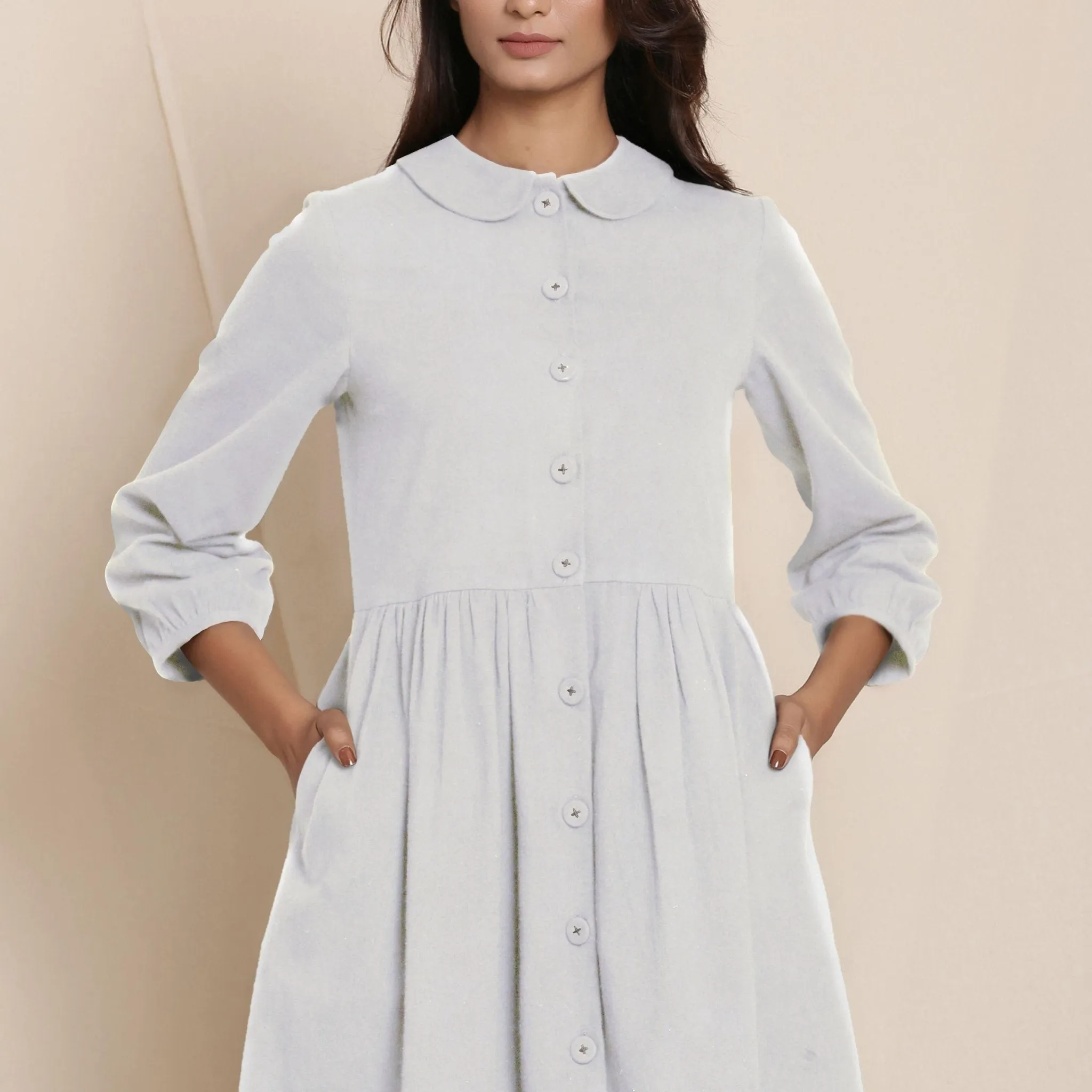 Light Grey Warm Cotton Flannel Peter Pan Midi Dress