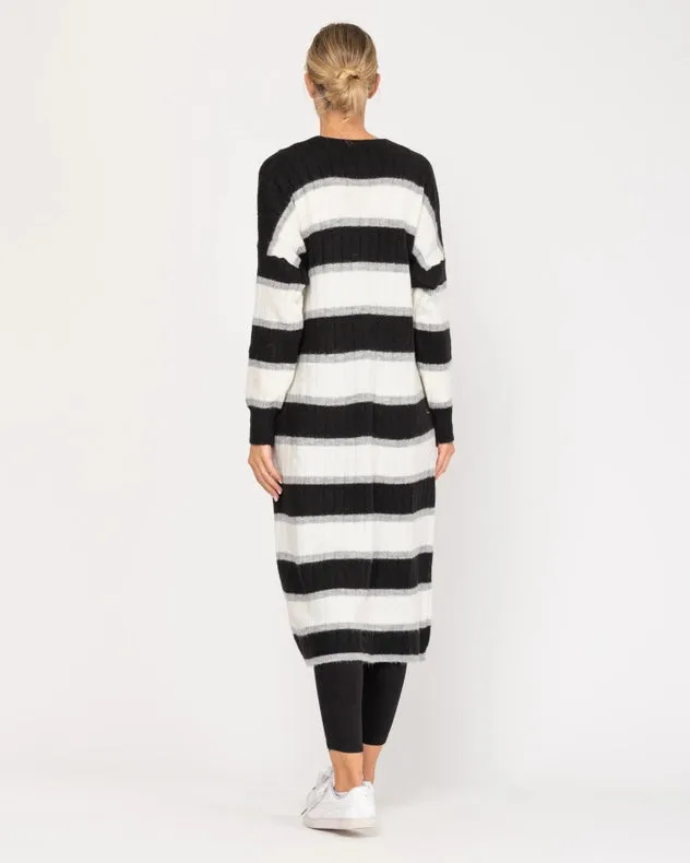 Long Open Knit Jacket With Stripes Black