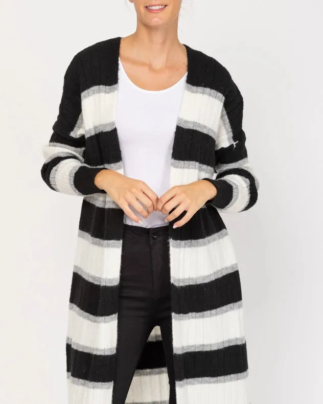 Long Open Knit Jacket With Stripes Black