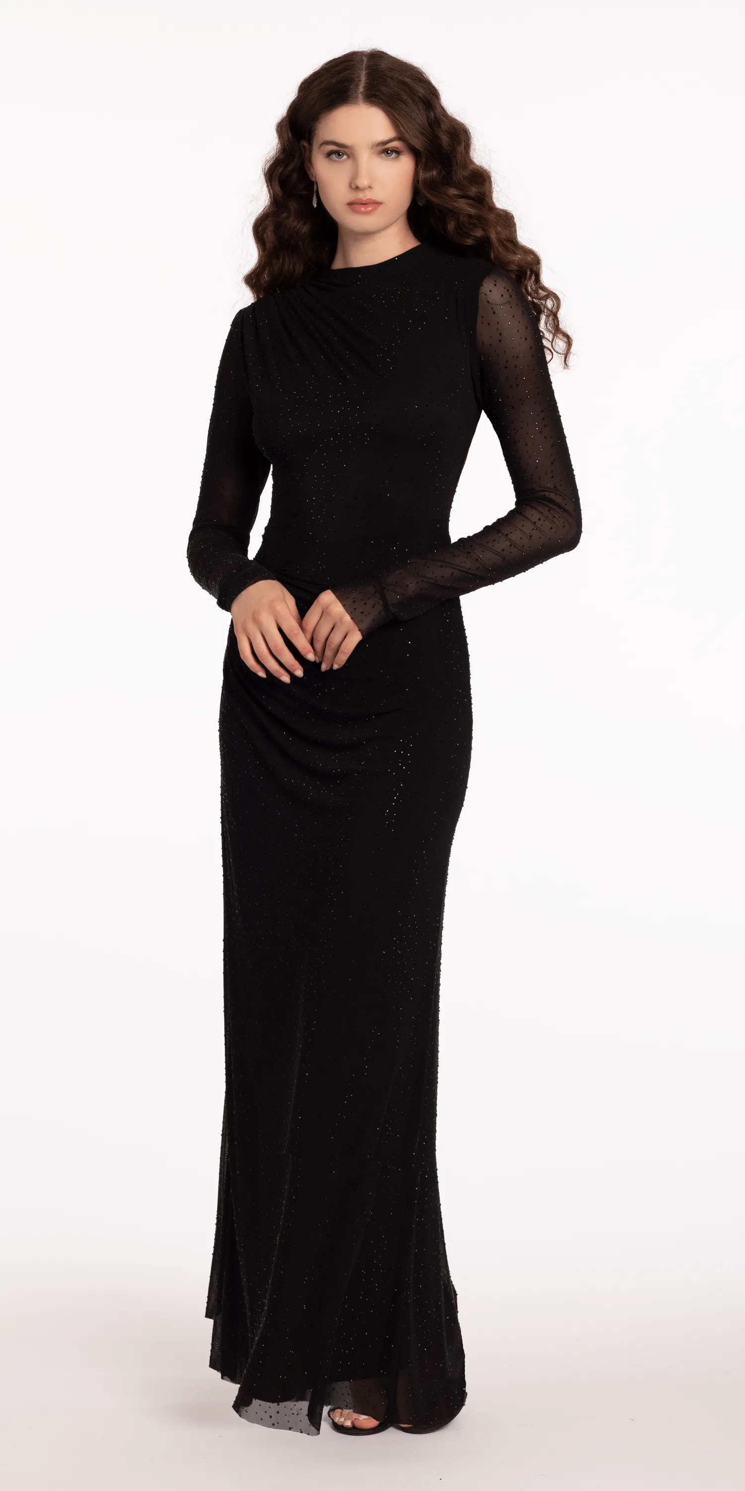 Long Sleeve Mesh Illusion Column Dress with Heat Set Stones