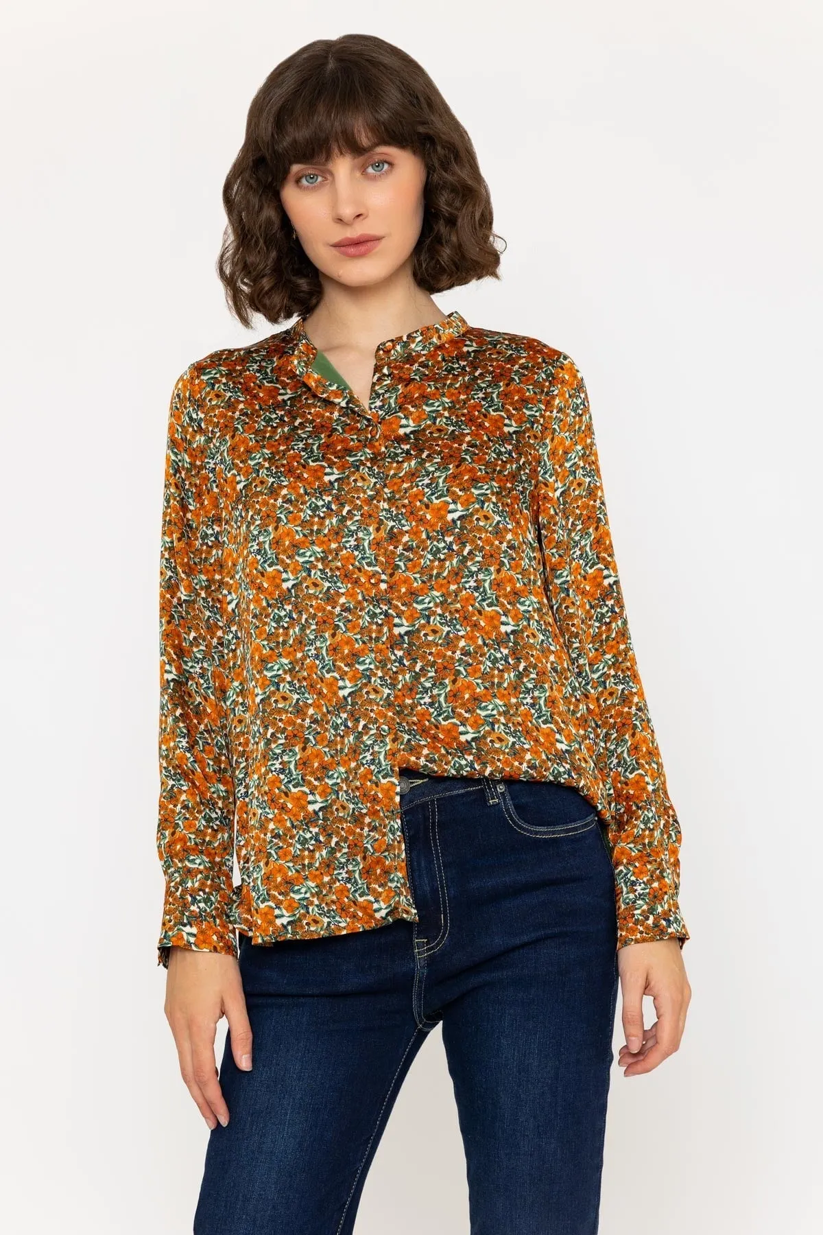 Long Sleeve Orange & Green Floral Mandarin Collar Blouse