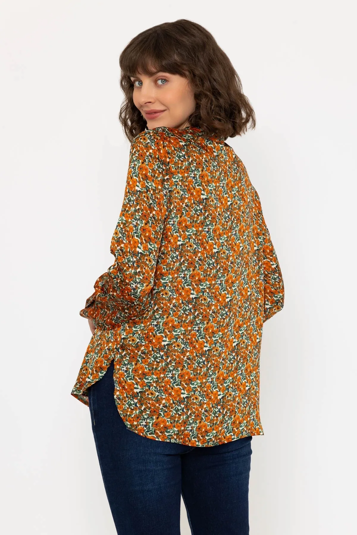 Long Sleeve Orange & Green Floral Mandarin Collar Blouse