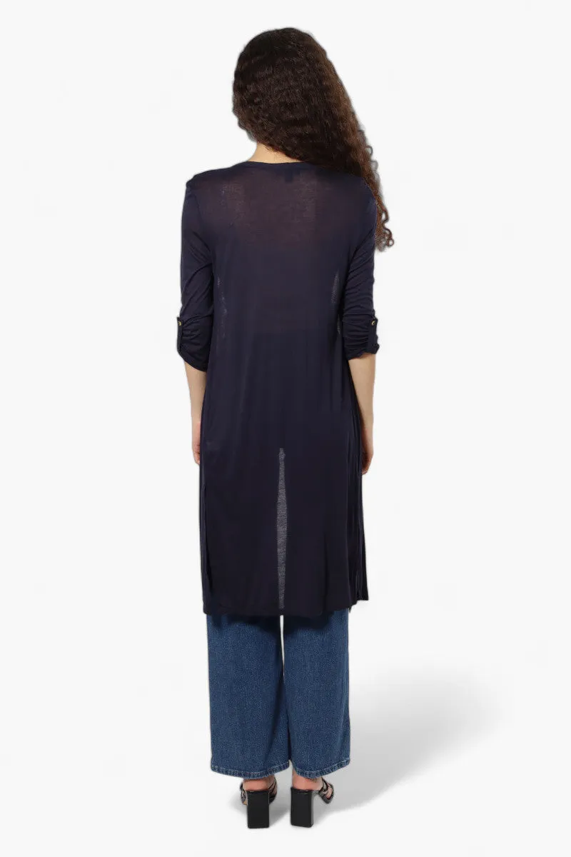 Magazine Roll Up Sleeve Open Duster Cardigan - Navy