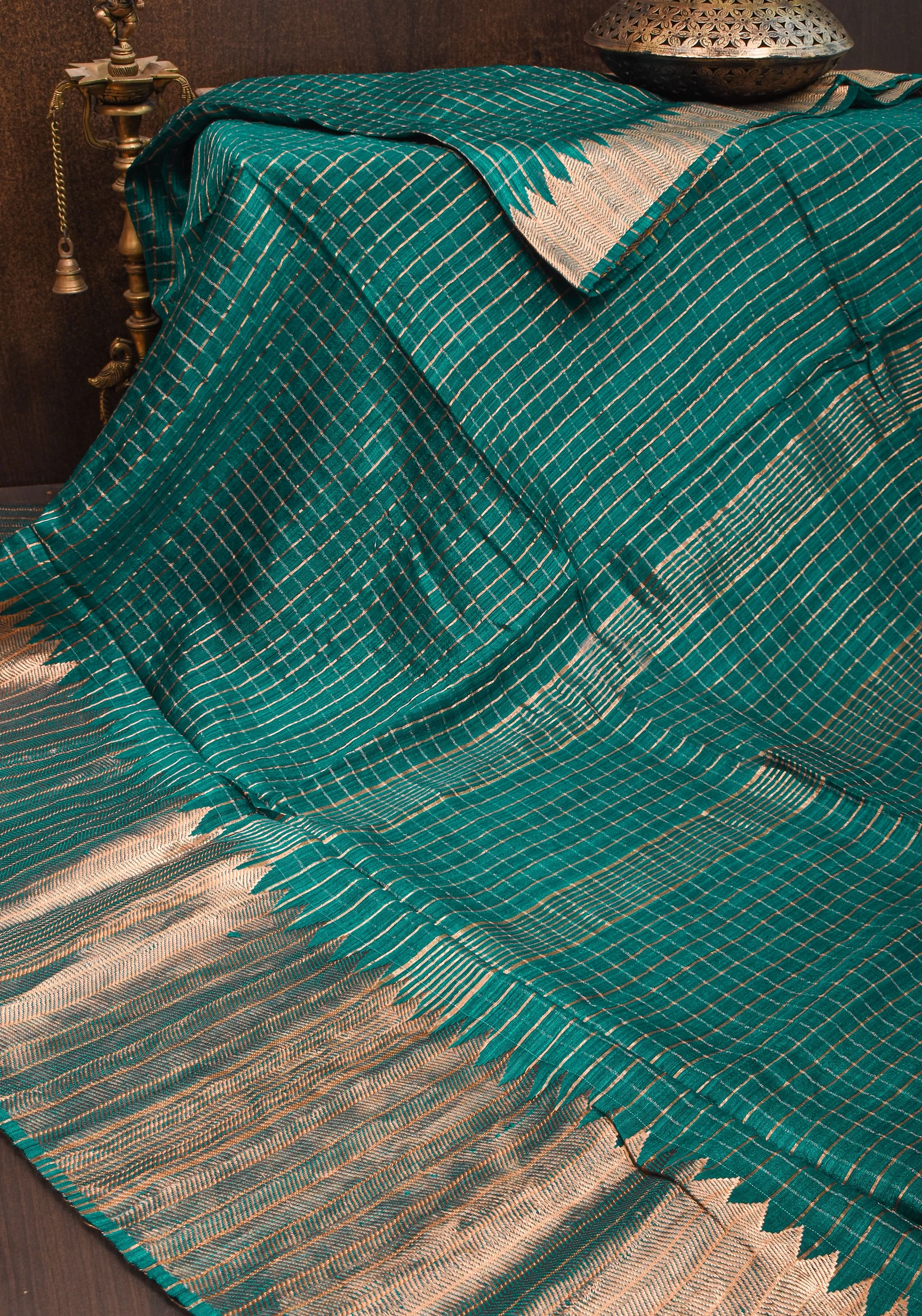 Matka Silk Saree in Green with Zari Checks and Wide Zari Temple Border | SILK MARK CERTIFIED