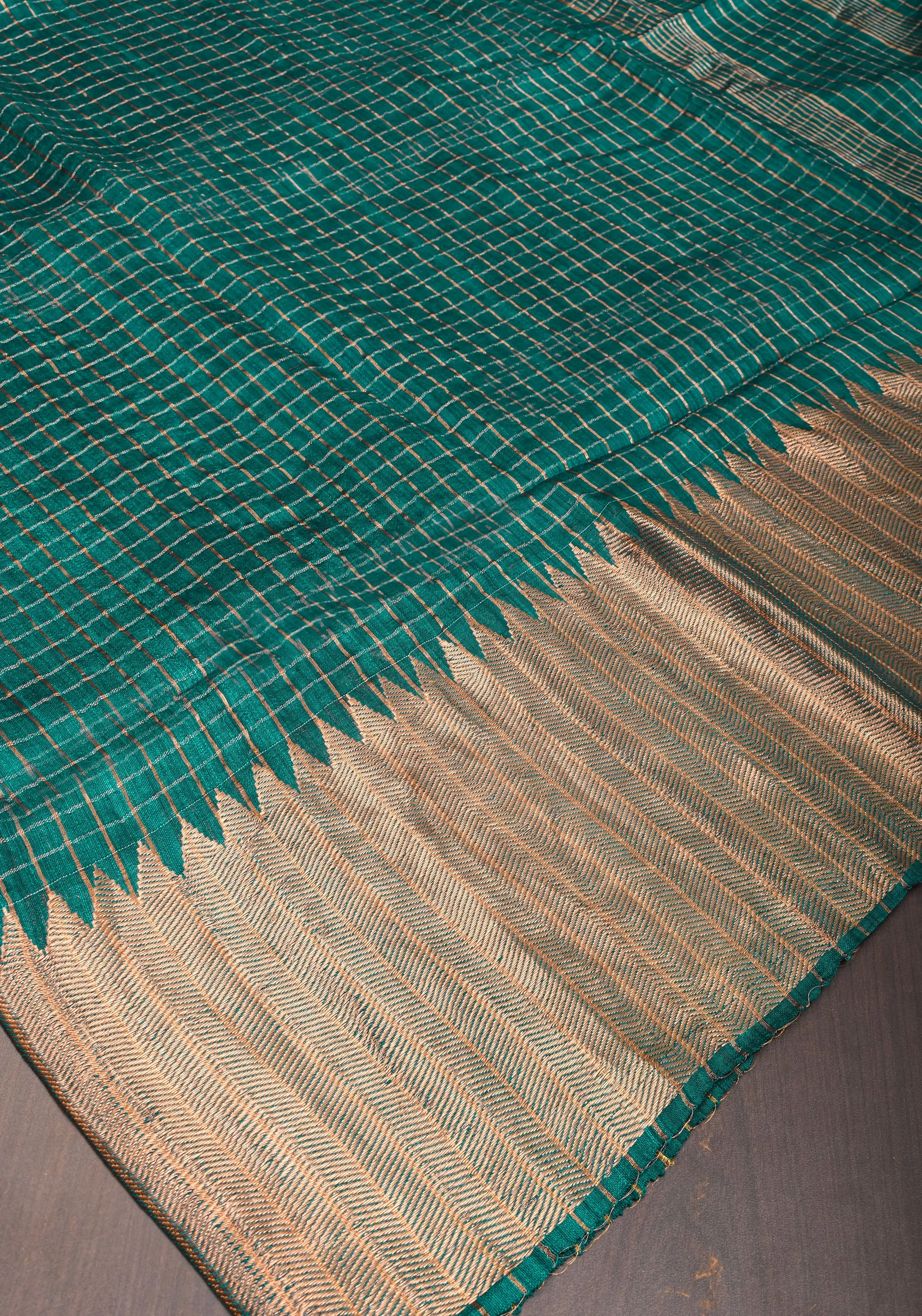 Matka Silk Saree in Green with Zari Checks and Wide Zari Temple Border | SILK MARK CERTIFIED