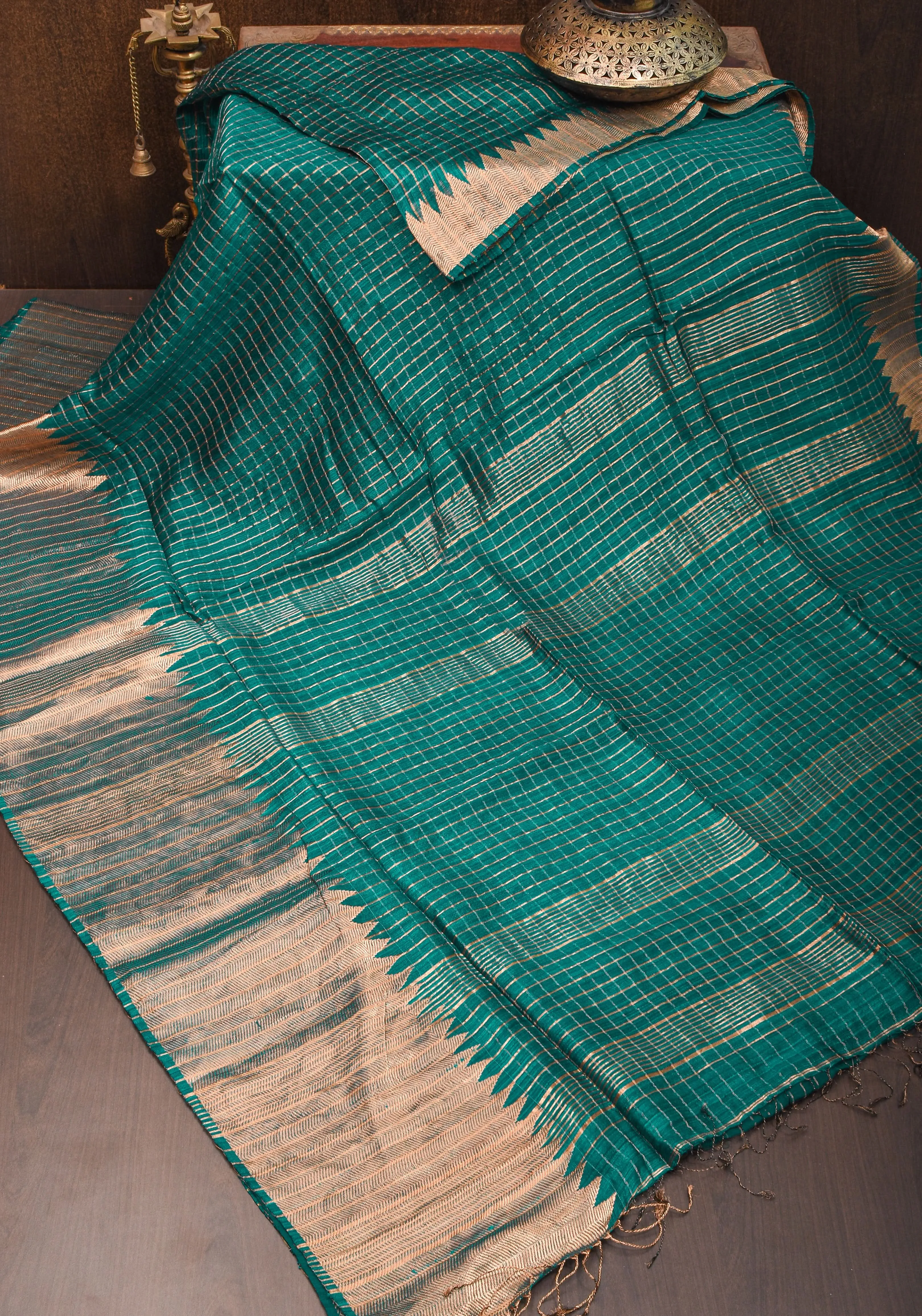 Matka Silk Saree in Green with Zari Checks and Wide Zari Temple Border | SILK MARK CERTIFIED