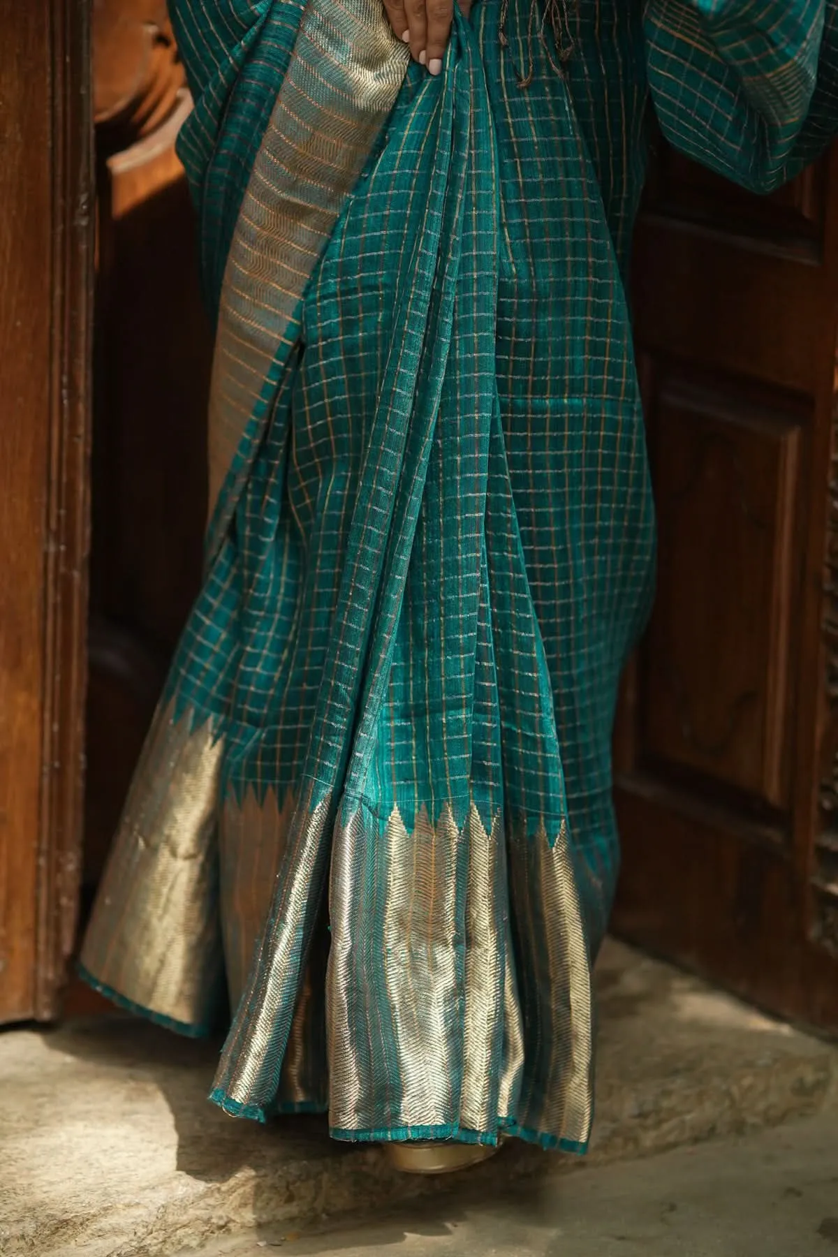 Matka Silk Saree in Green with Zari Checks and Wide Zari Temple Border | SILK MARK CERTIFIED